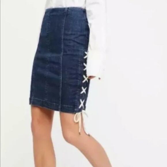 Free People Dresses & Skirts - Free People Denim Jean Pencil Skirt Lace Up Ties Western Boho Cowgirl Y2K